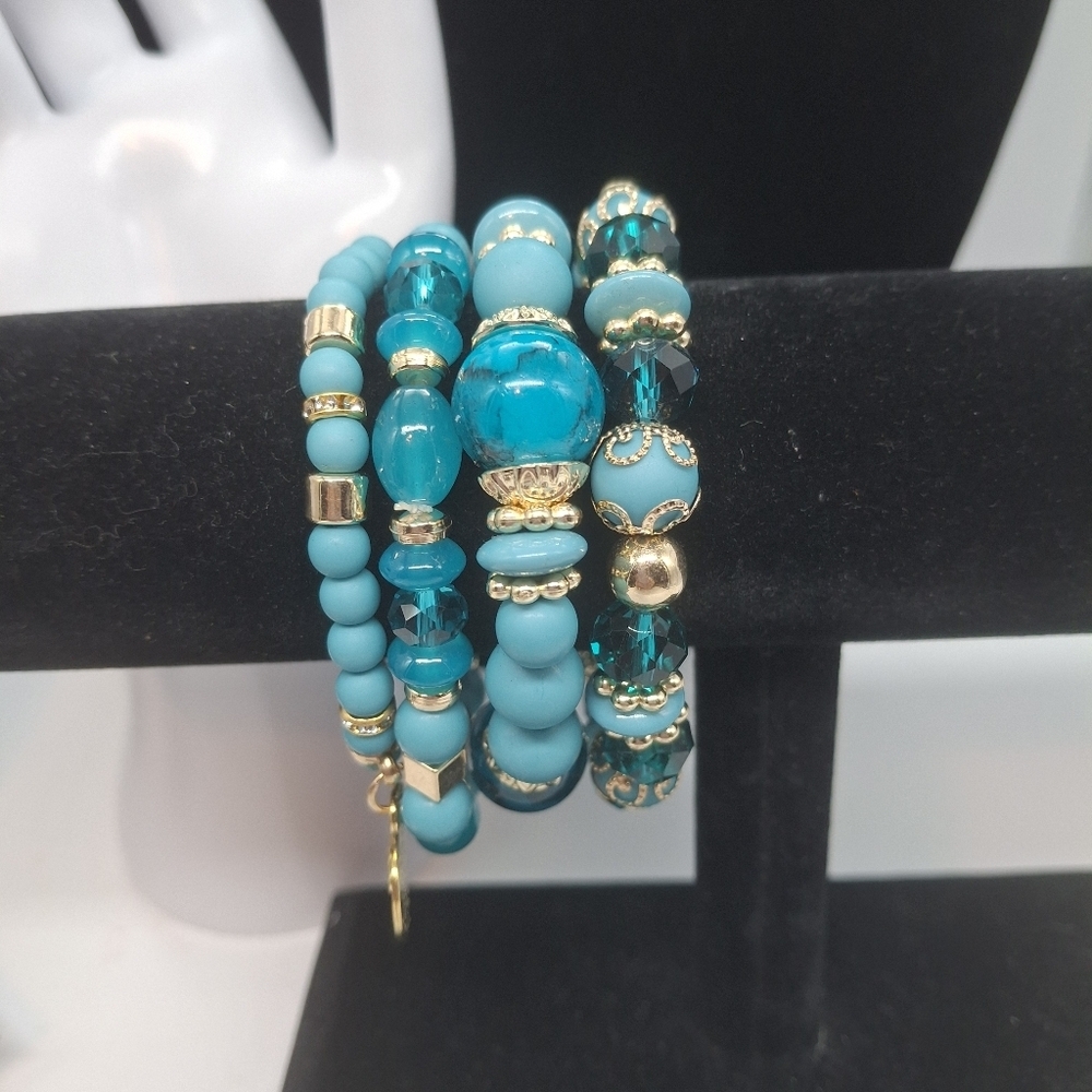 Turquoise Teal and Gold Color Beaded Boho Bracelet 4pc Set
